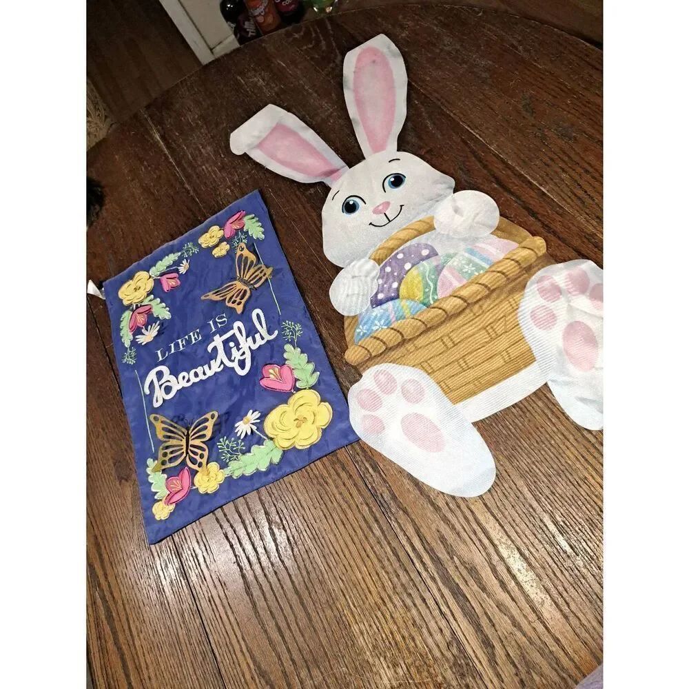 2 Garden Flags Easter Bunny and Life is Beautiful Shaped and Embroidered